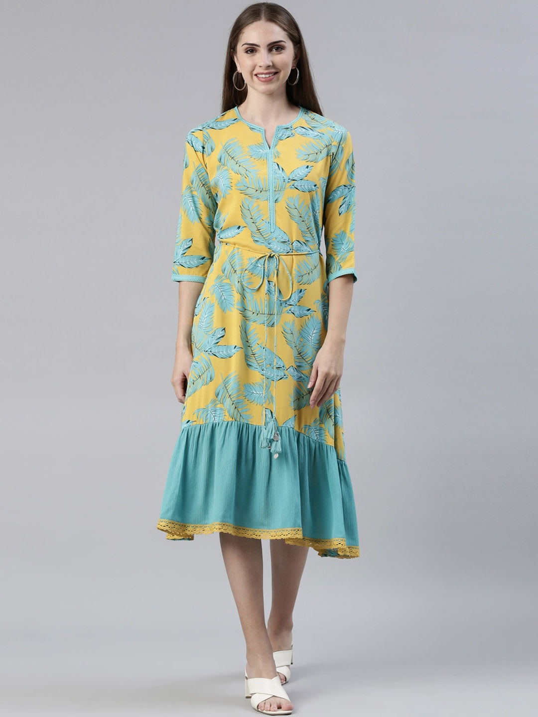 

Neerus Tropical Printed Tie-Ups A-line Dress, Yellow
