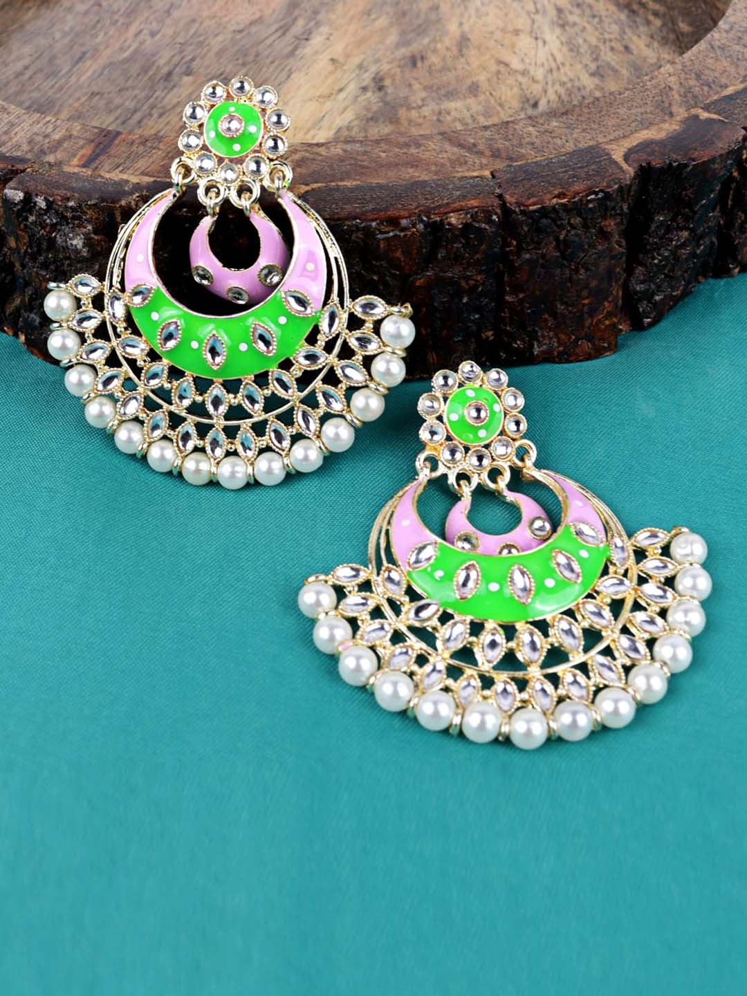 

Krelin Gold-Plated Kundan Meenakari Classic Chandbalis, Green