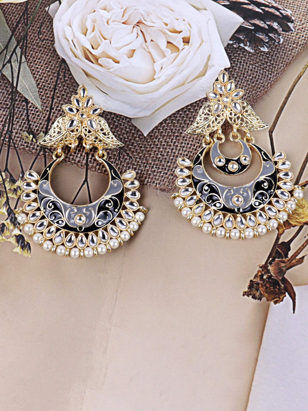 

Krelin Gold-Plated Kundan Meenakari Classic Chandbalis Earrings, Black