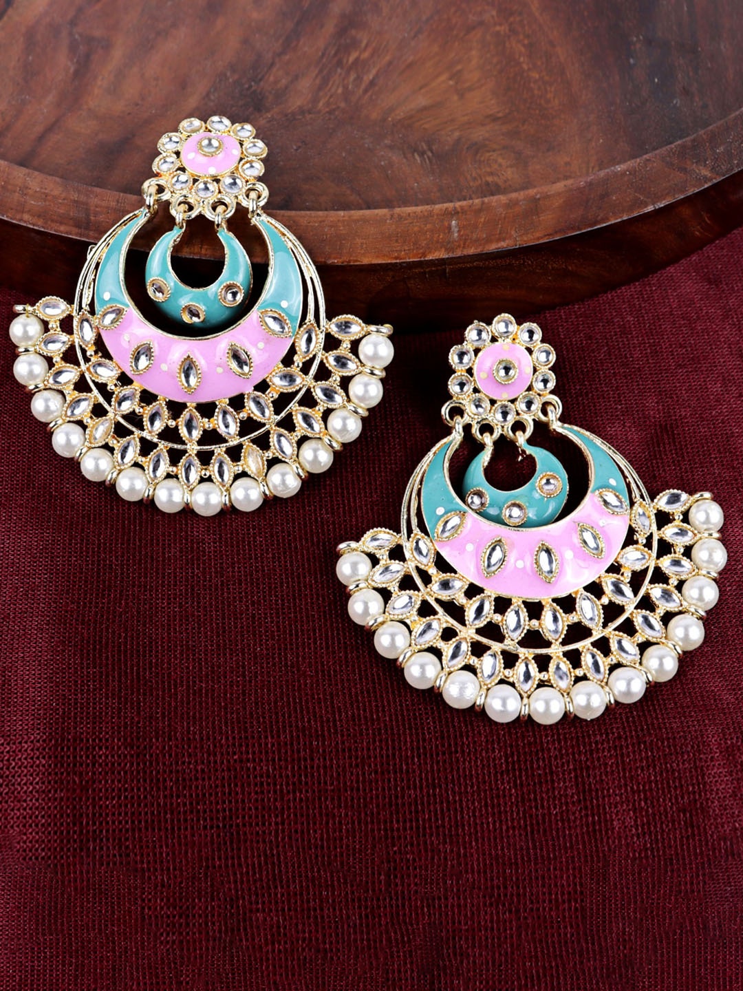 

Krelin Traditional Gold Plated & Kundan Floral Design Pearl Meenakari Chandbalis Earrings, White