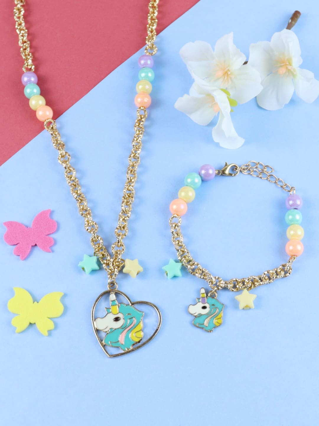 

Asthetika Kids Girls Gold-Plated Beaded Unicorn Charm Necklace and Bracelet, Sea green
