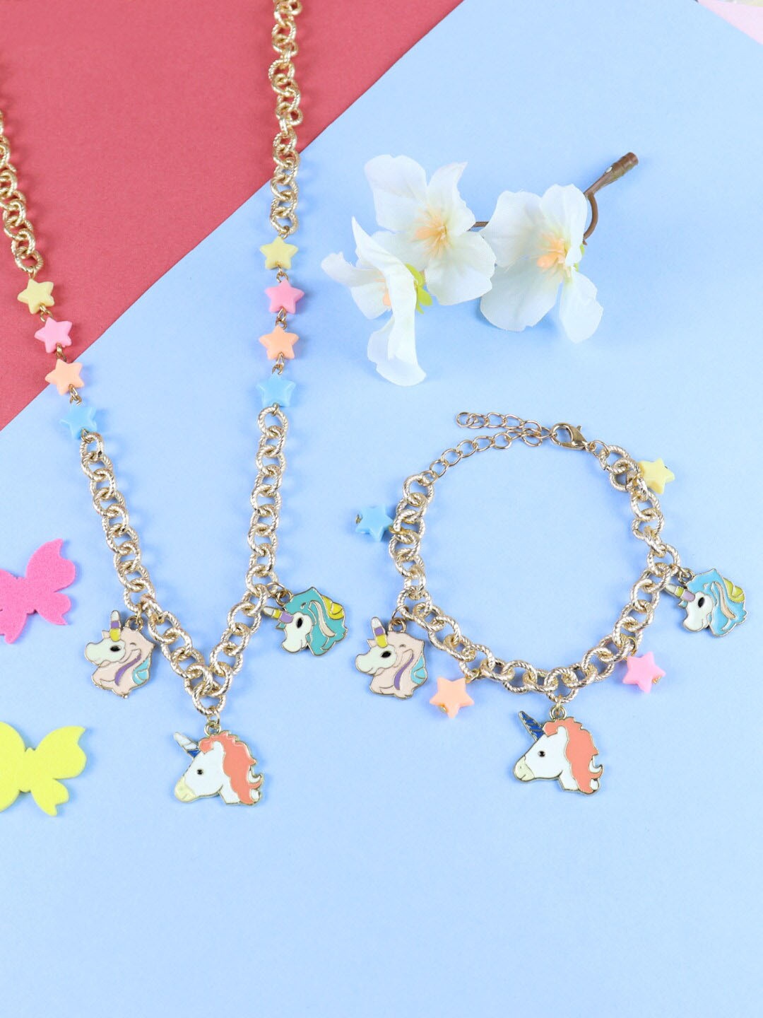 

Asthetika Kids Girls Gold-Plated Unicorn Charm Necklace and Bracelet, Pink