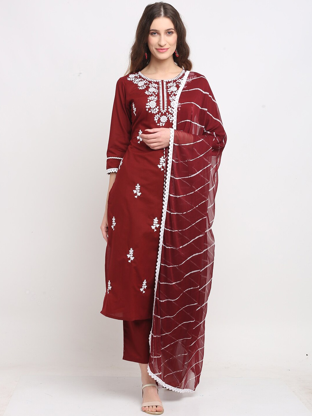 

Rajnandini Floral Embroidered Straight Pure Cotton Kurta With Trousers & Dupatta, Maroon