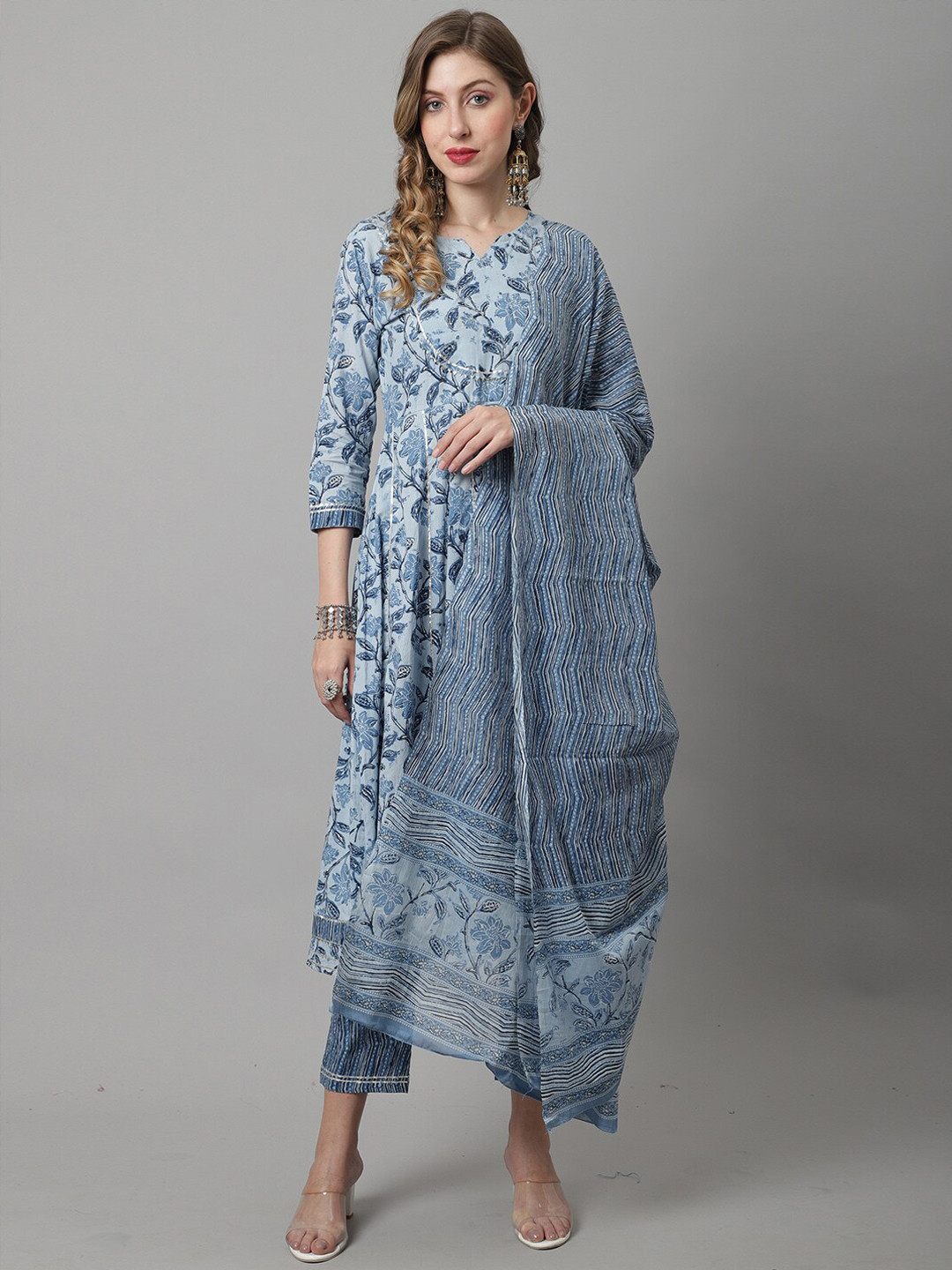 

Rajnandini Floral Printed Gotta Patti Pure Cotton Kurta With Trousers With Dupatta, Blue
