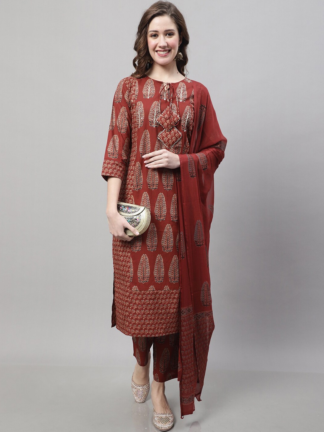 

Rajnandini Ethnic Motif Printed Tie Up Neck Pure Cotton Kurta With Trousers & Dupatta, Maroon