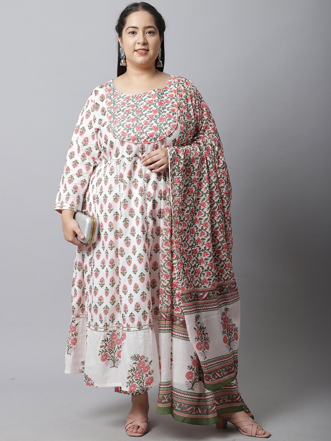 

Rajnandini Plus Size Floral Printed Pure Cotton A-line Kurta With Trousers & Dupatta, White