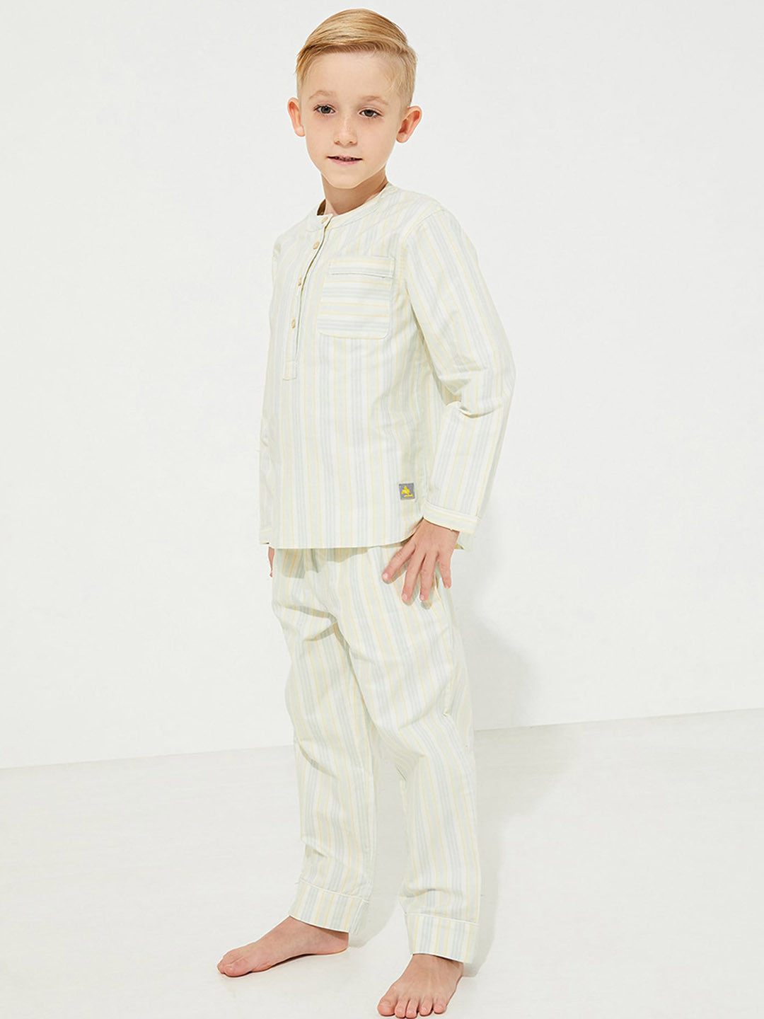 

Cherry Crumble Boys Striped Pure Cotton Night Suit, Beige