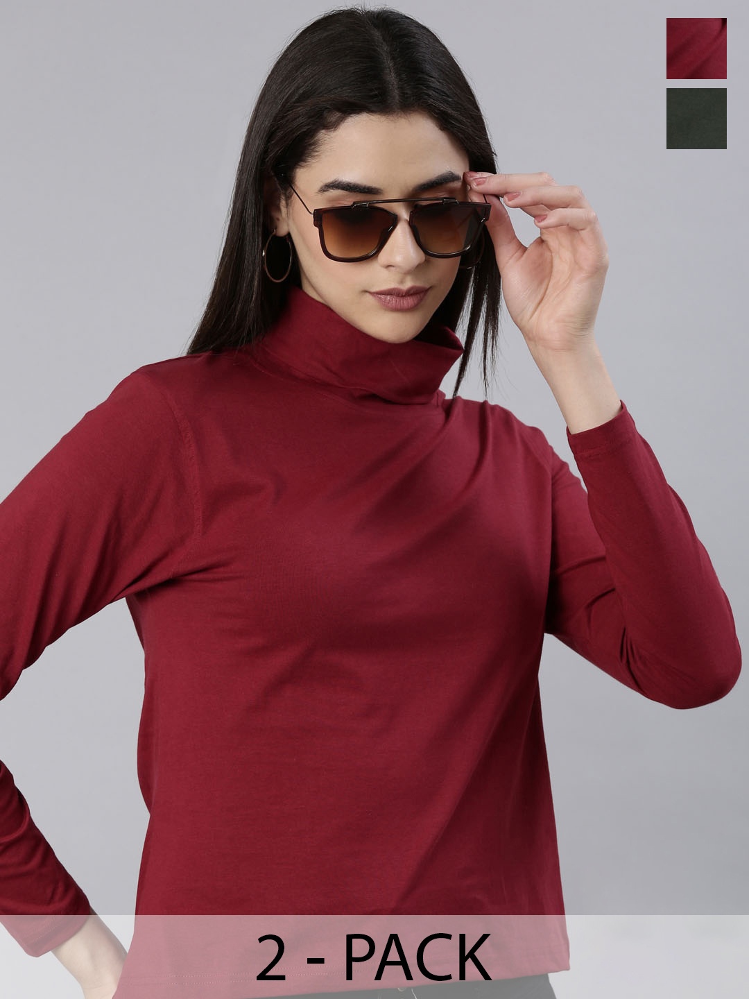 

Kryptic Pack Of 2 High Neck Long Sleeve Cotton T-shirt, Maroon