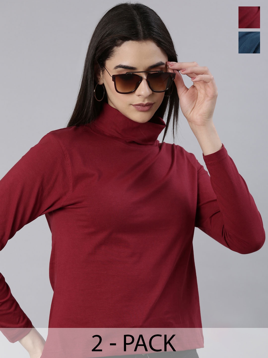 

Kryptic Pack Of 2 High Neck Long Sleeve Cotton T-shirt, Maroon