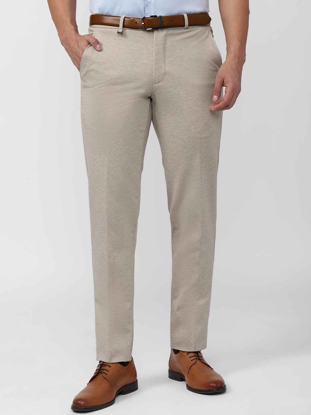 

Van Heusen Men Cream-Coloured Textured Slim Fit Trousers