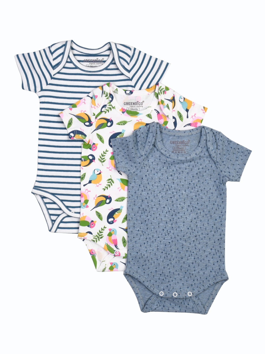 

GREENDIGO Infant Kids Pack Of 3 Printed Organic Cotton Bodysuit, White