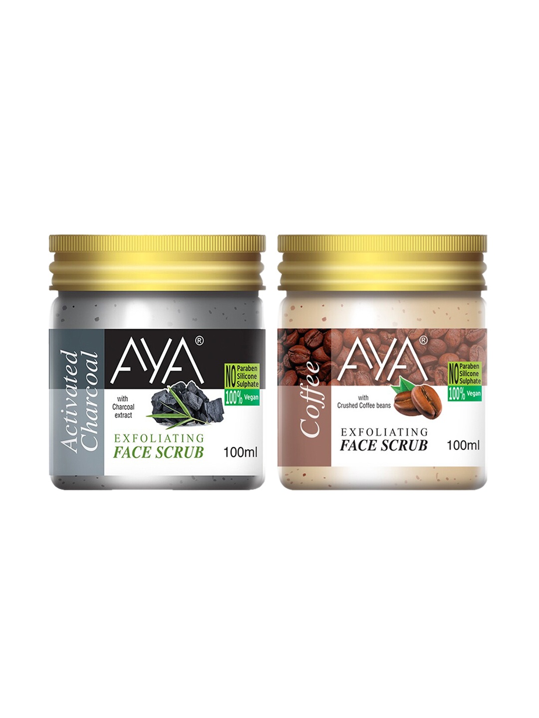 

AYA Set of Activated Charcoal & Coffee Exfoliating Face Scrubs - 100 ml Each, Black