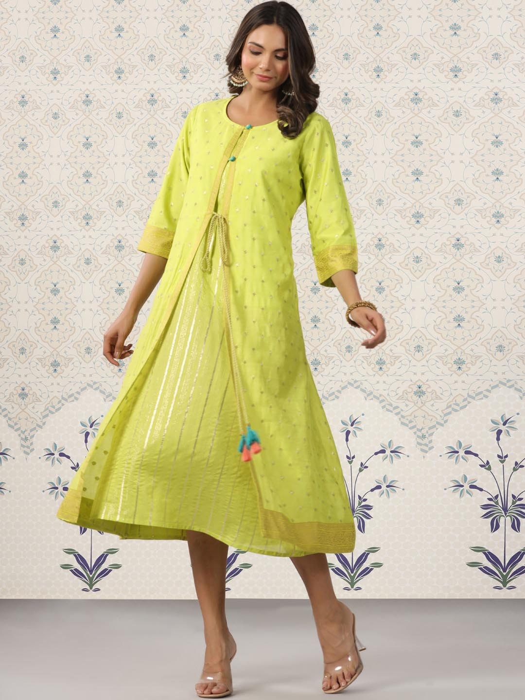 

Ode by House of Pataudi Woven Design A-Line Layered Ethnic Dress, Lime green