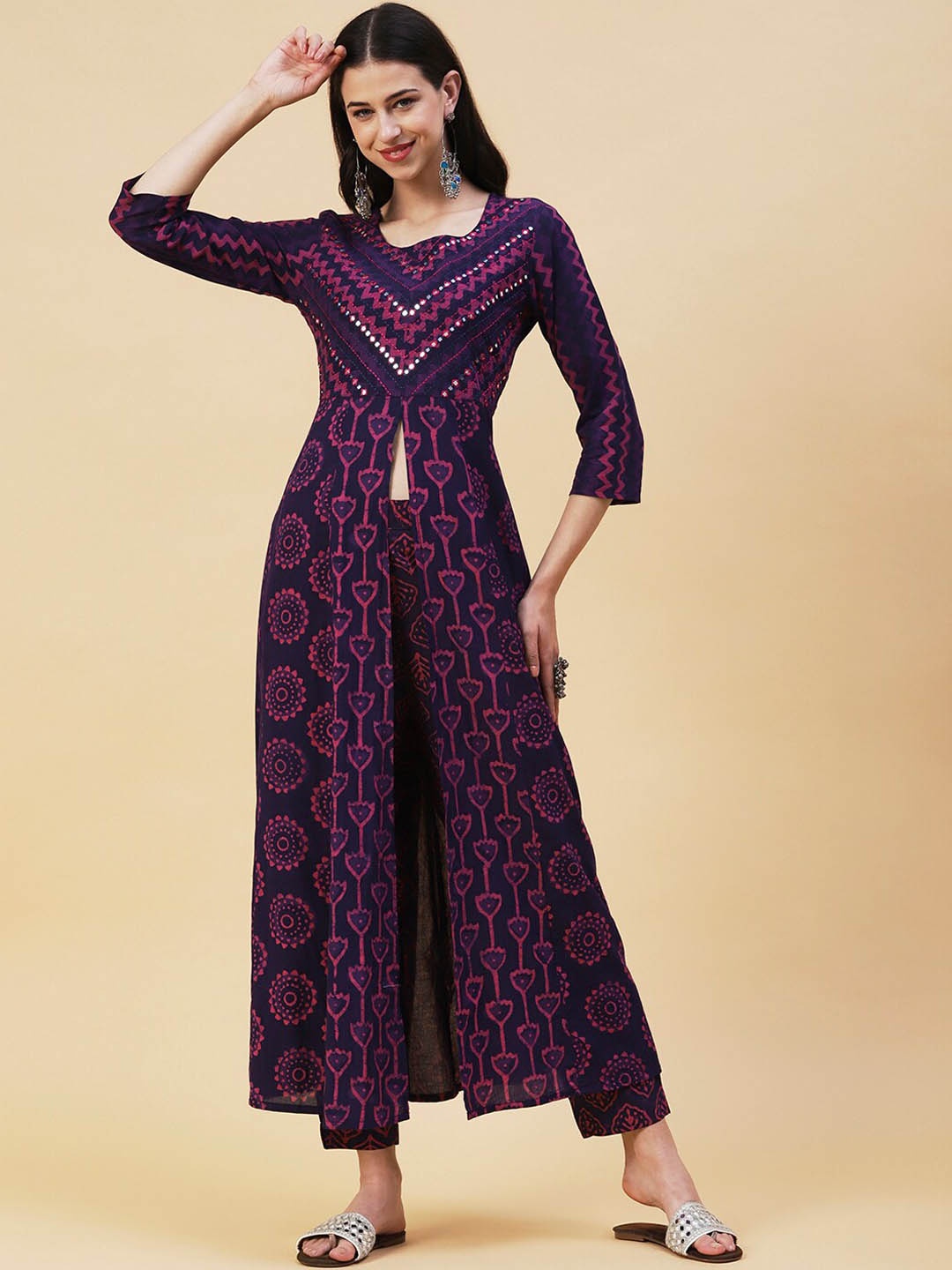 

FASHOR Printed Mirror Work Pure Cotton Kurta With Trousers, Violet