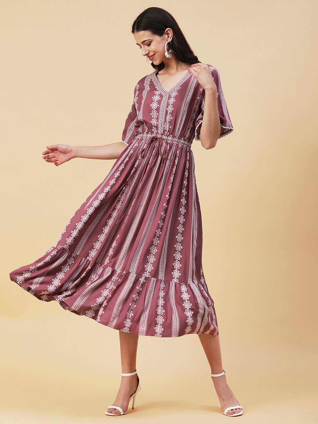 

FASHOR Ethnic Motifs Printed V-Neck Midi Dress, Mauve