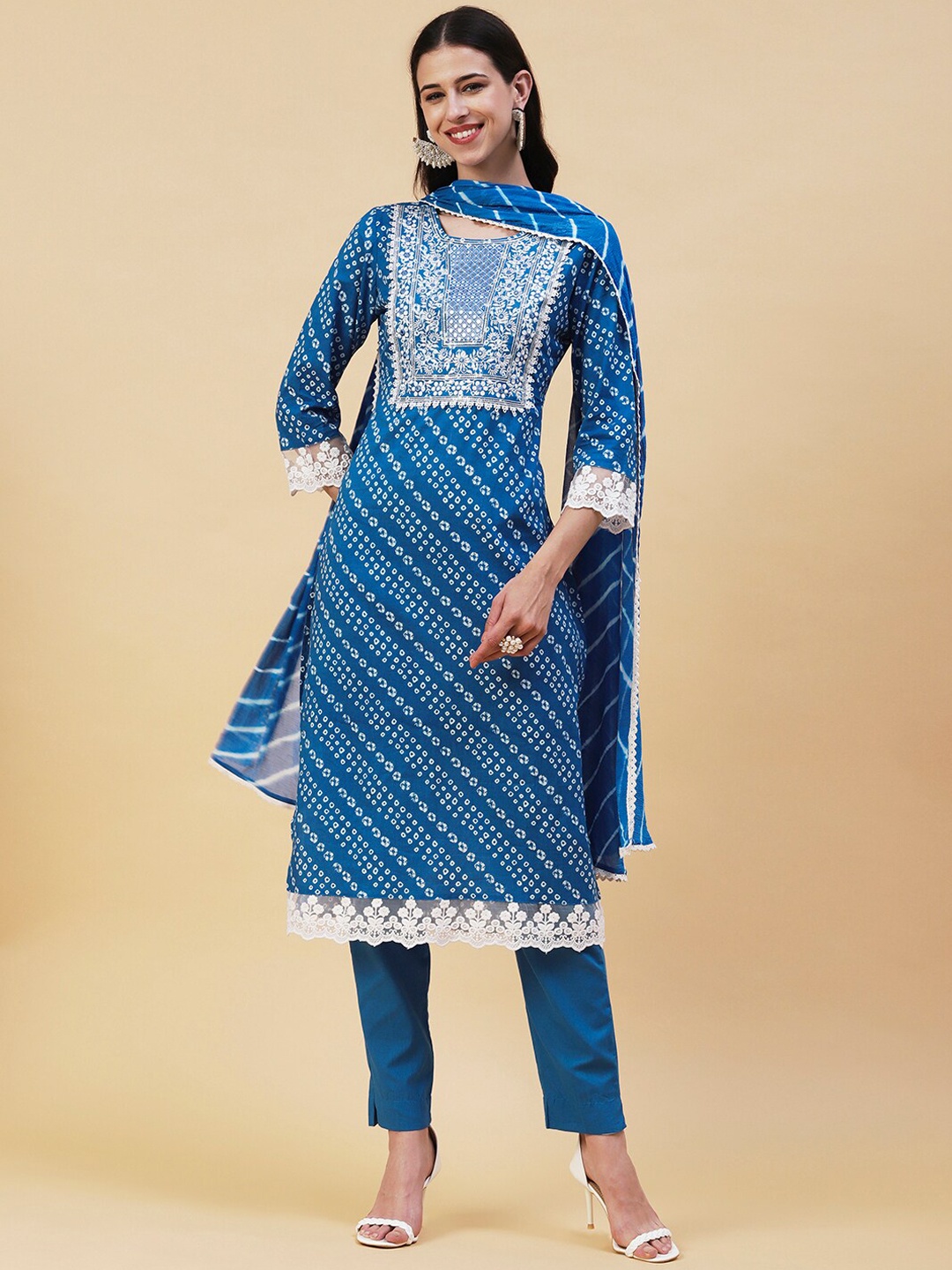 

FASHOR Bandhani Printed Thread Work Pure Cotton Kurta With Trousers & Dupatta, Blue