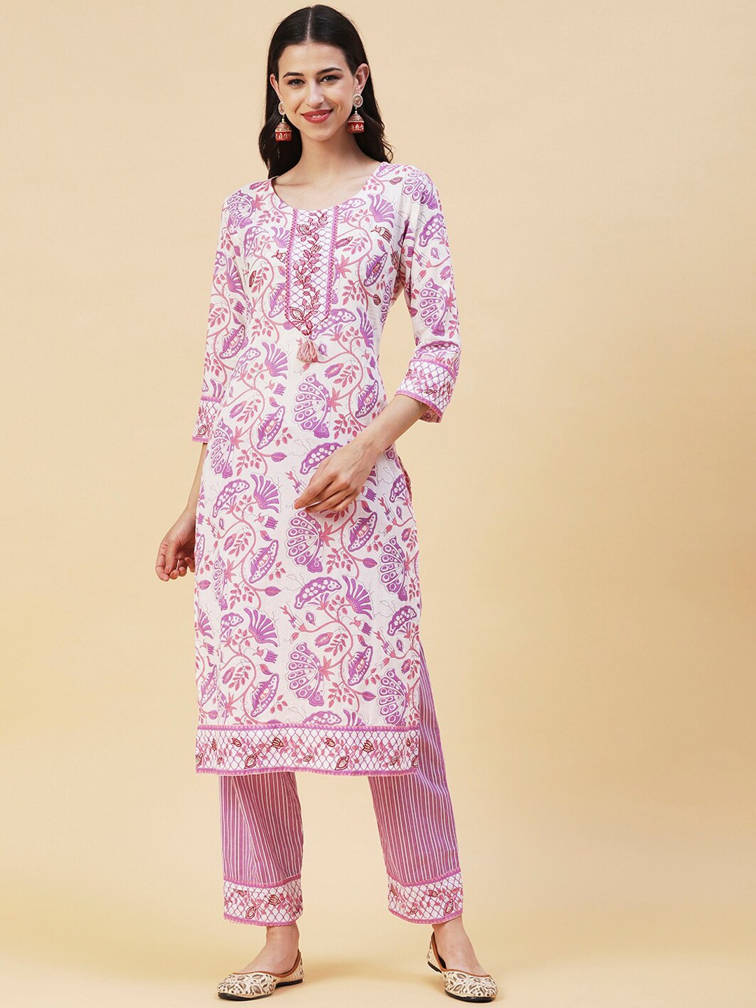 

FASHOR Floral Printed Pure Cotton Kurta with Trousers, White