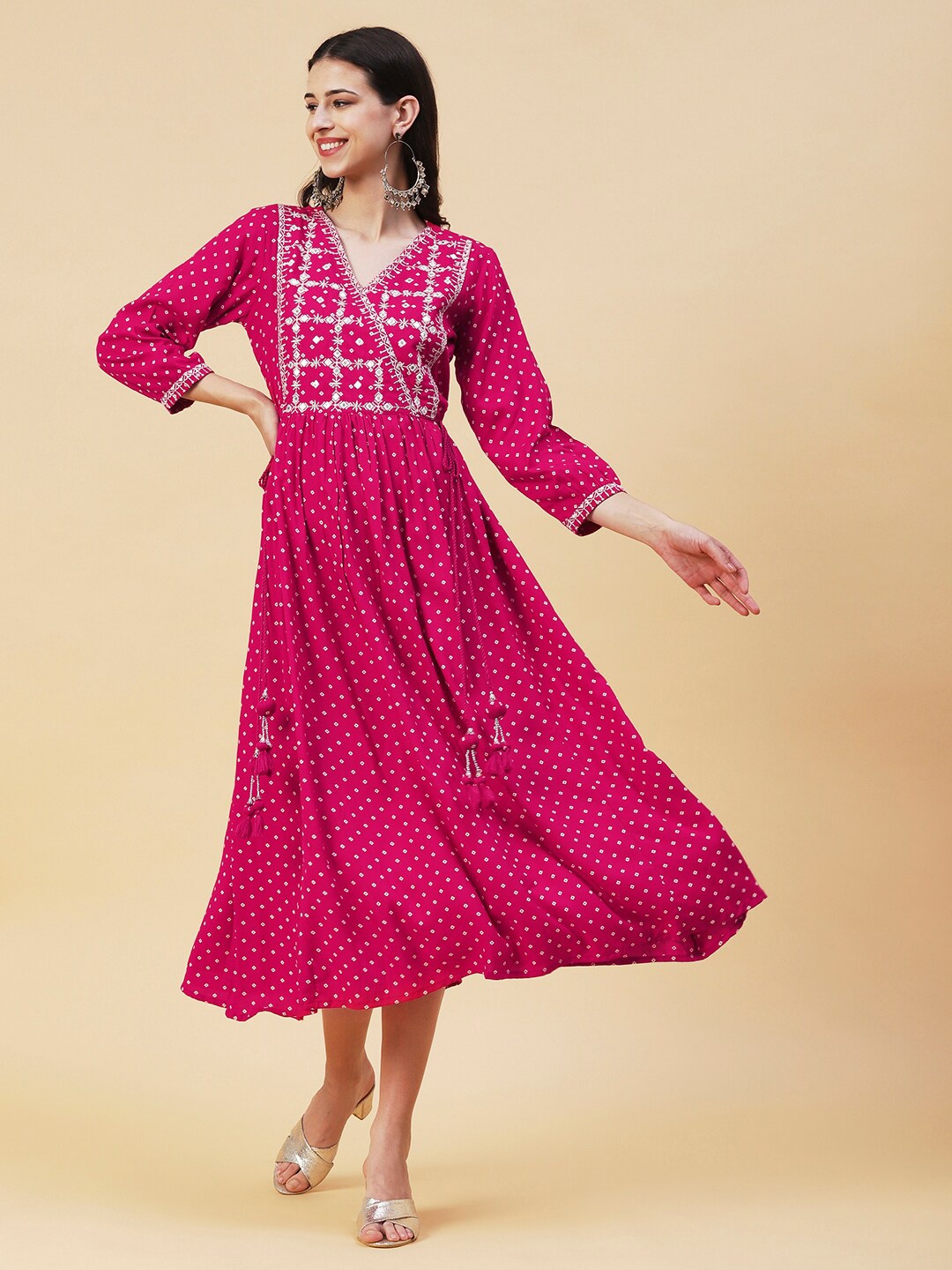 

FASHOR Ethnic Motifs Embroidered V-Neck Mirror Work Midi Dress, Fuchsia