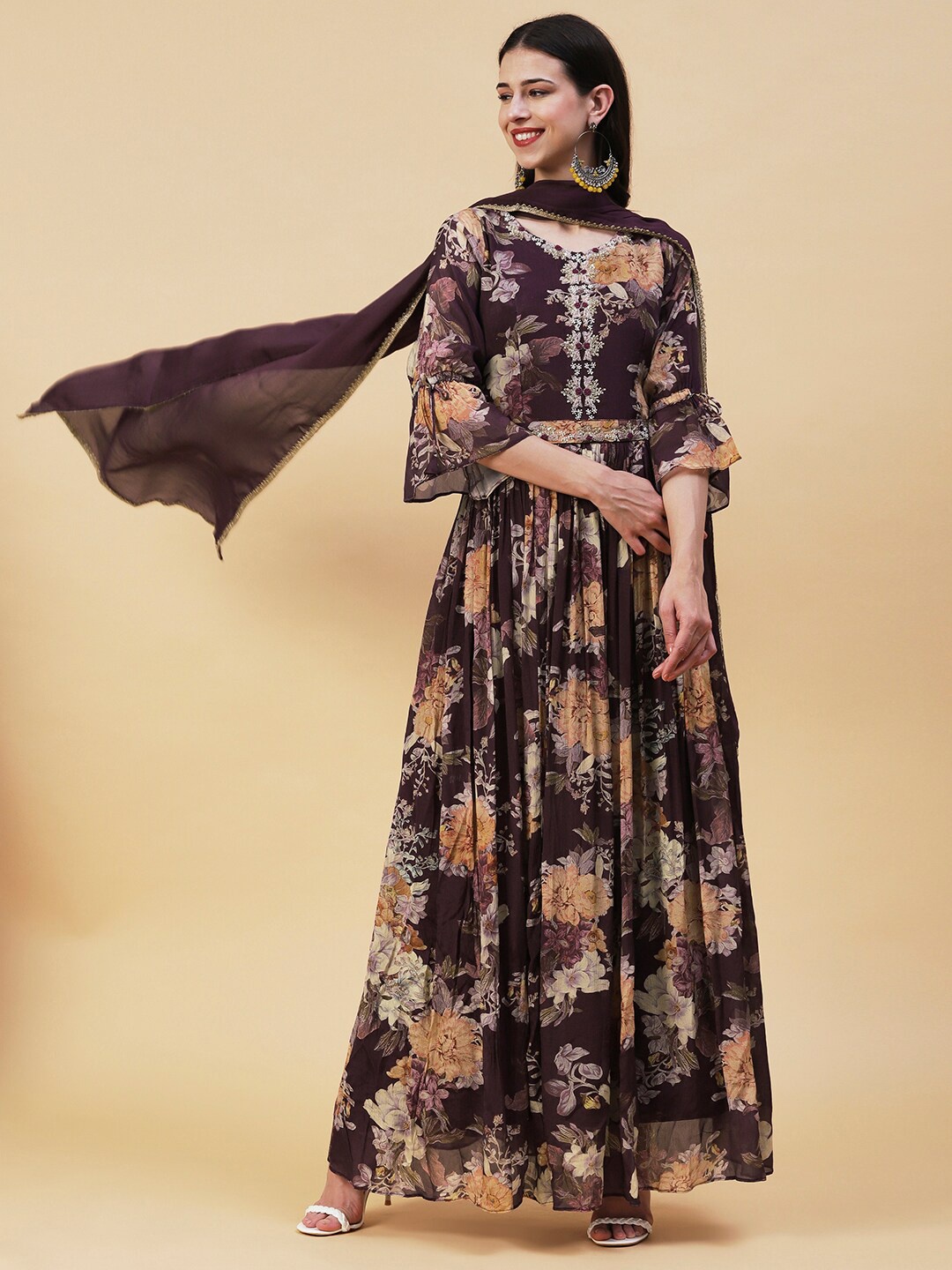 

FASHOR Floral Printed Bell Sleeves Chiffon Maxi Dress With Dupatta, Burgundy