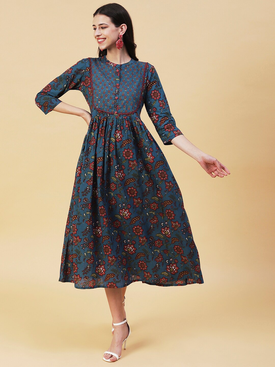 

FASHOR Floral Printed Cotton Band Collar Midi A-Line Dress, Teal