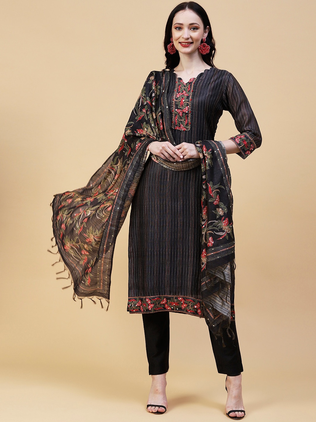 

FASHOR Striped Gotta Patti Kurta with Trousers & With Dupatta, Black