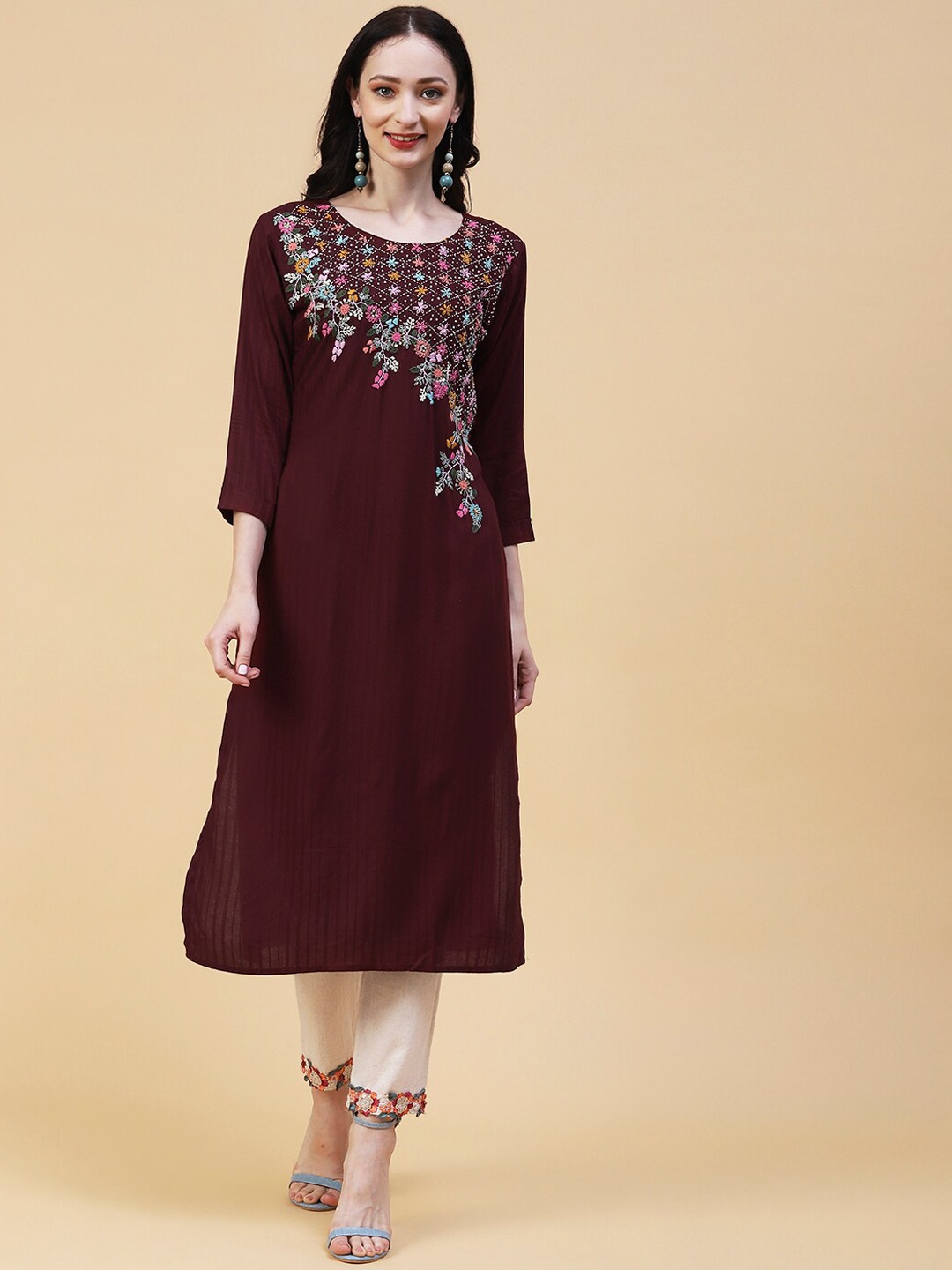 

FASHOR Floral Embroidered Thread Work Straight Kurta, Brown