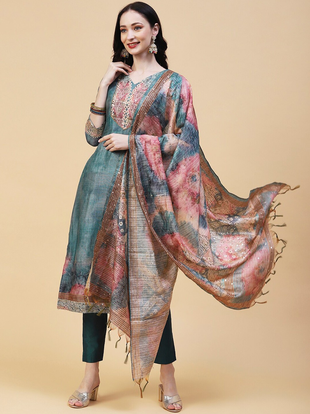 

FASHOR Striped Printed Sequinned V-Neck Kurta With Trousers & Dupatta, Sea green