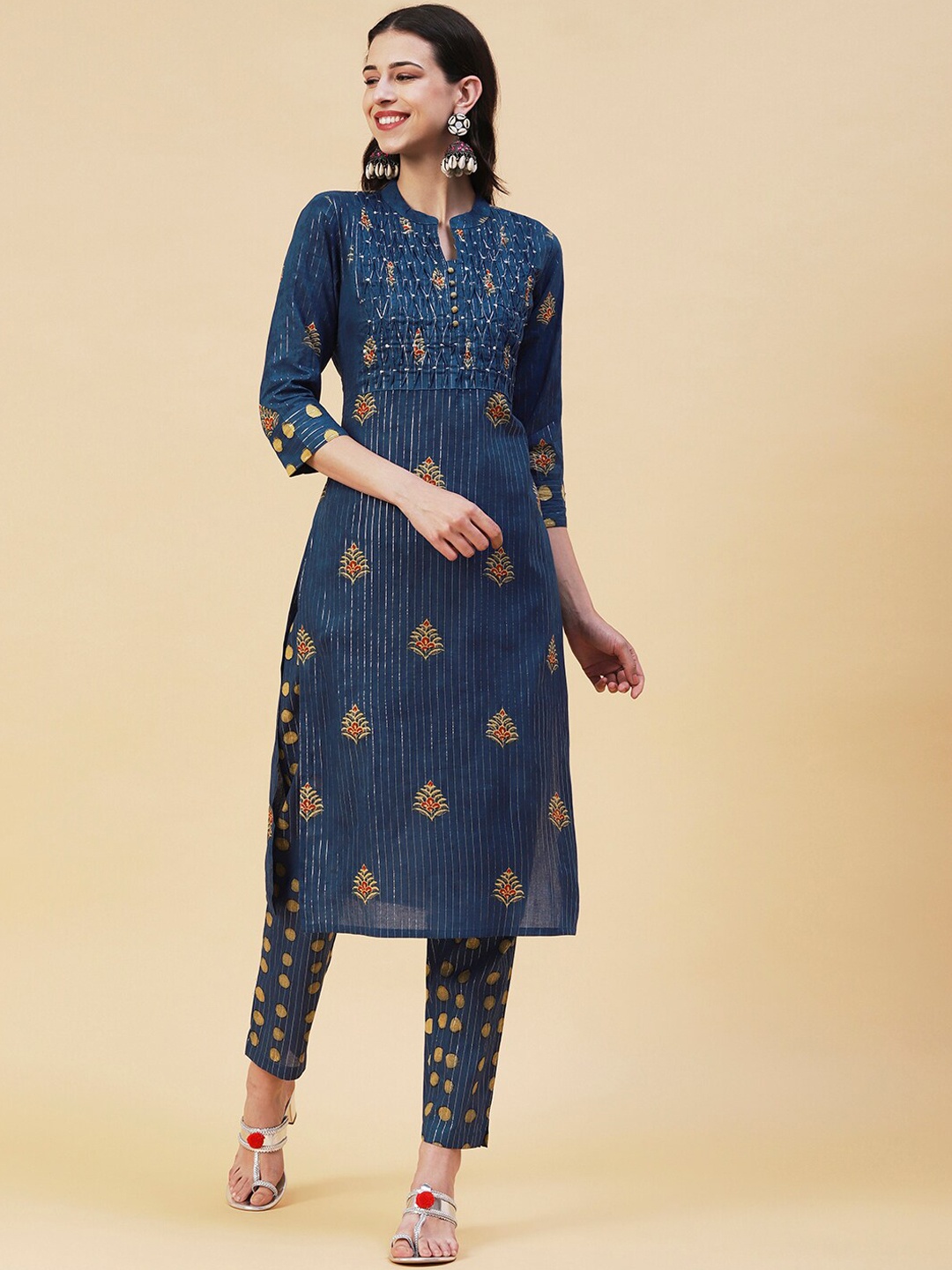 

FASHOR Floral Printed Sequinned Pure Cotton Kurta with Trousers, Navy blue