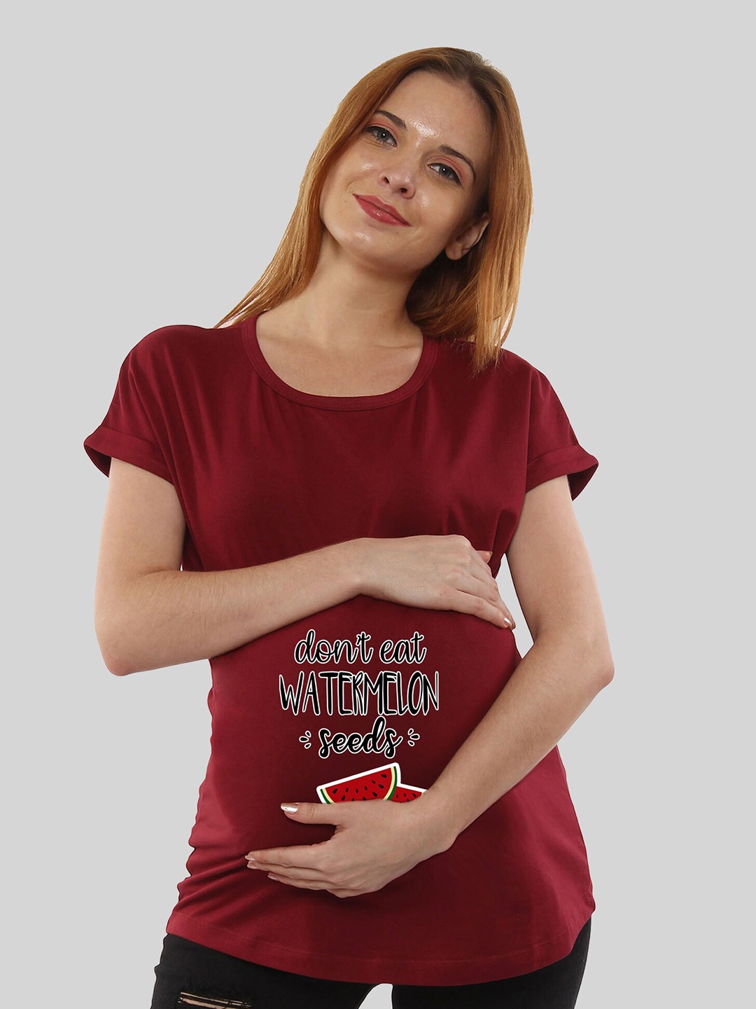 

SillyBoom Typography Printed Cotton Extended Sleeves Maternity T-shirt, Maroon