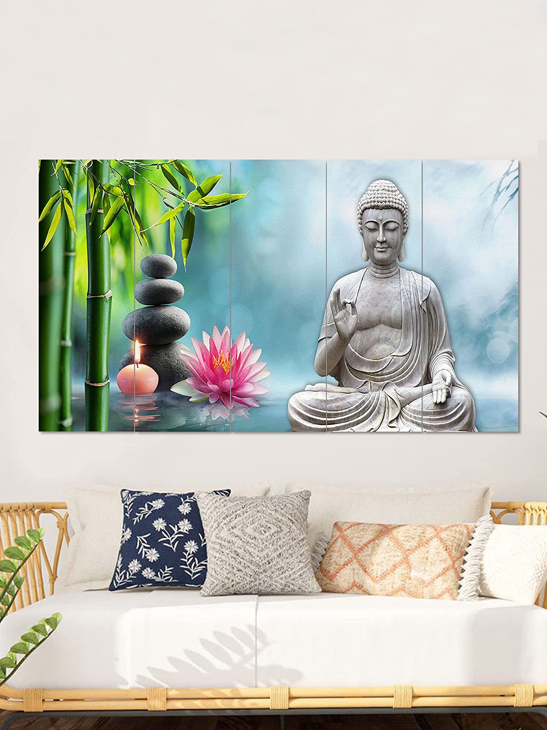 

Perpetual Blue & grey 5 Pieces Buddha Scenery 3d Framed Wall Paintings