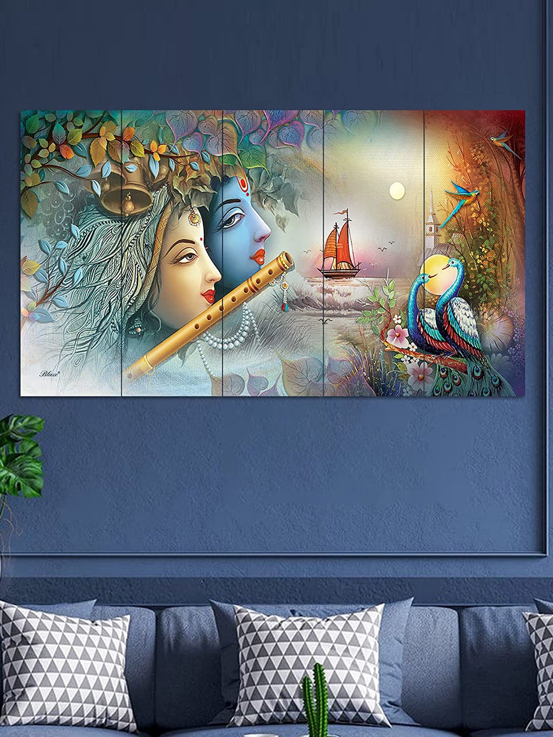 

Perpetual Blue & Beige 5 Pieces Radha Krishna 3D Framed Wall Paintings