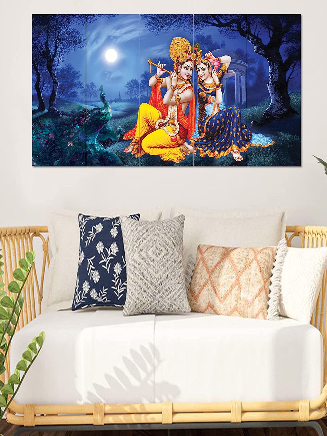 

Perpetual Blue & Yellow 5 Pieces Radha Krishna 3D Wooden Framed Wall Paintings