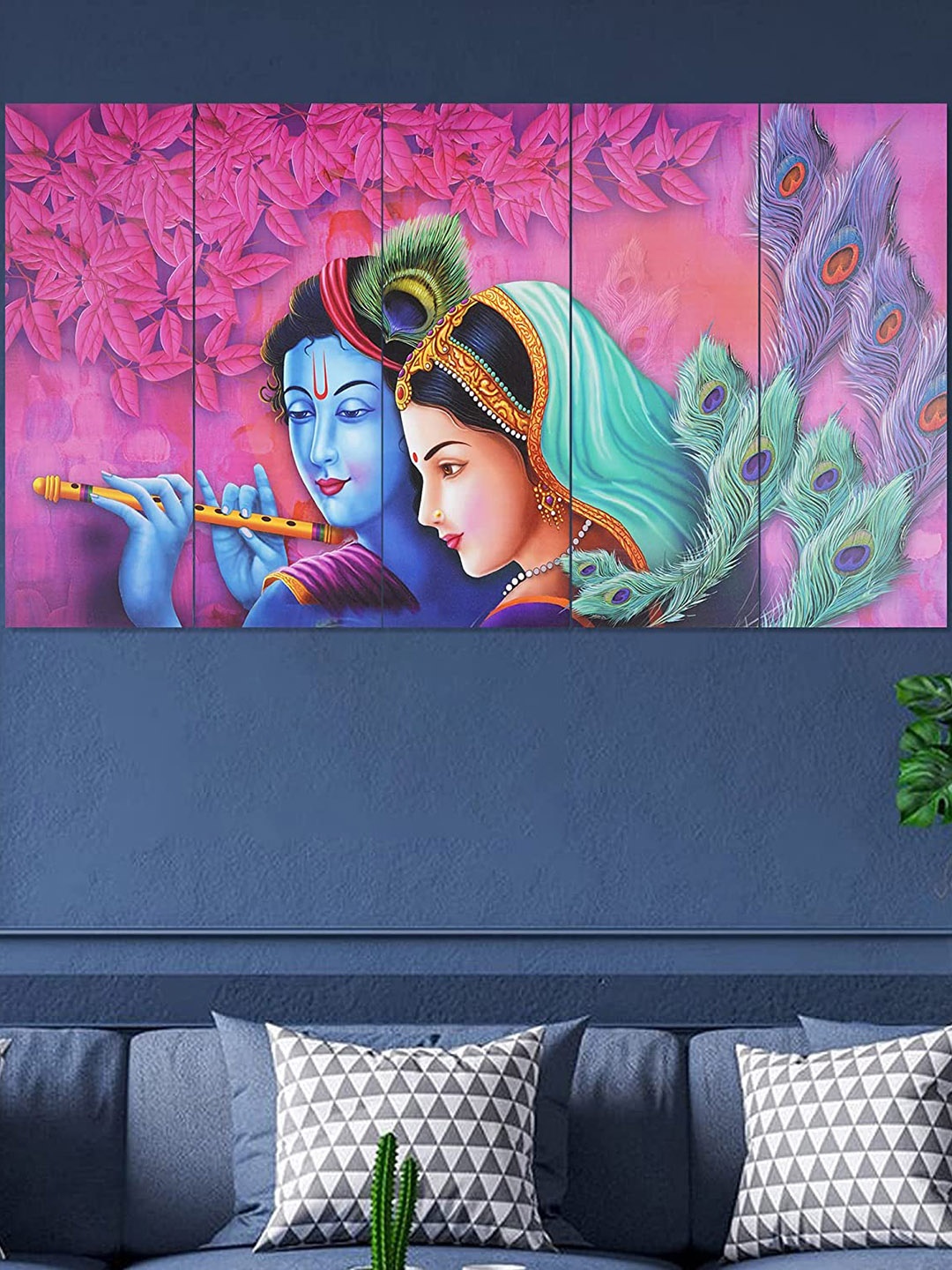 

Perpetual Pink & Blue 5 Pieces Radha Krishna 3D Wooden Framed Wall Paintings
