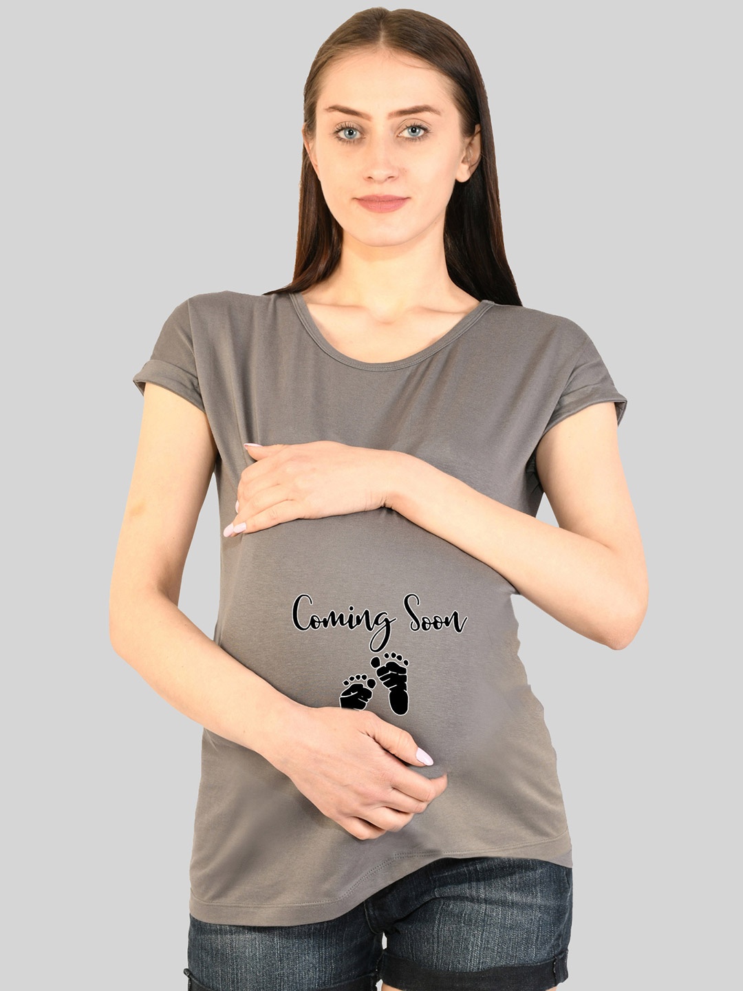 SillyBoom Typography Printed Cotton Extended Sleeves Maternity T-shirt, Grey