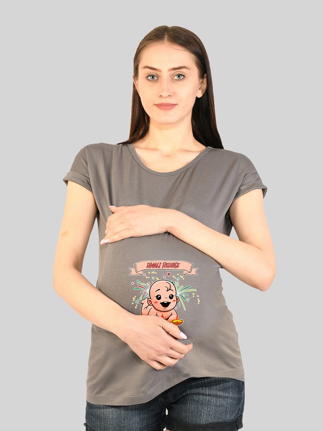 

SillyBoom Round Neck Graphic Printed Maternity Cotton T-shirt, Grey