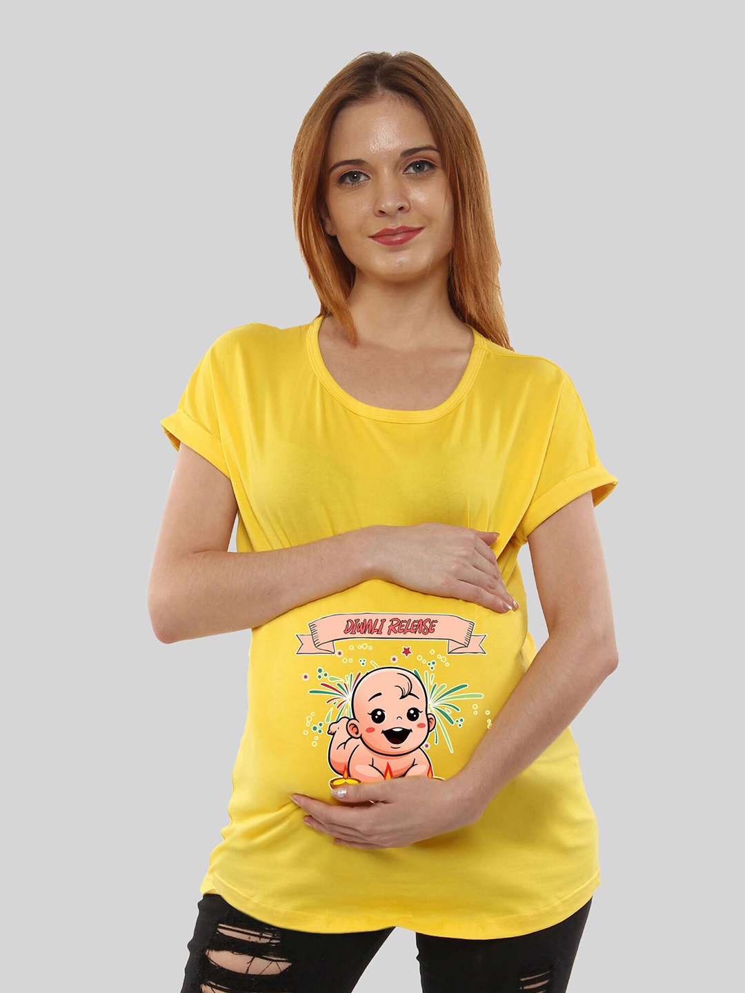 

SillyBoom Round Neck Graphic Printed Maternity Cotton T-shirt, Yellow