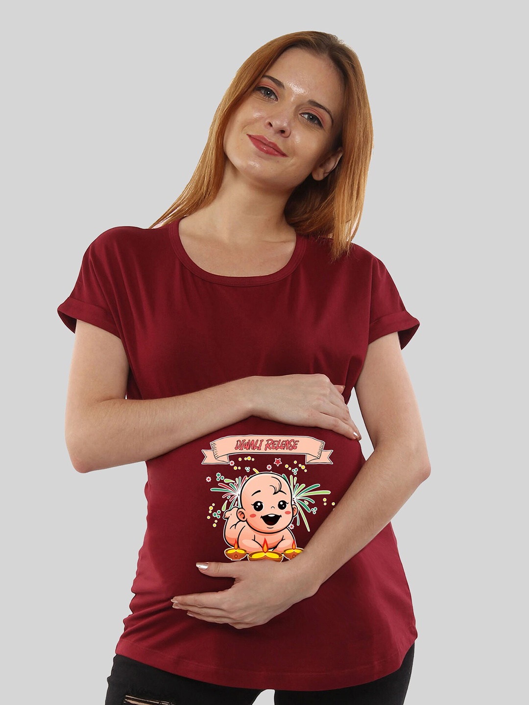 

SillyBoom Graphic Printed Extended Sleeves Cotton Maternity T-shirt, Maroon