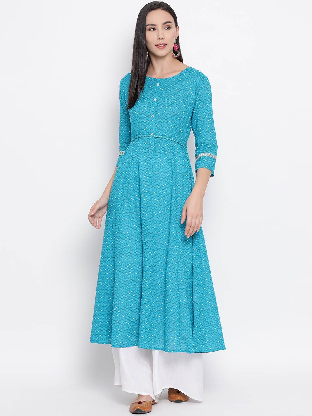 

Span Floral Printed Pleated Cotton A-Line Kurta, Turquoise blue