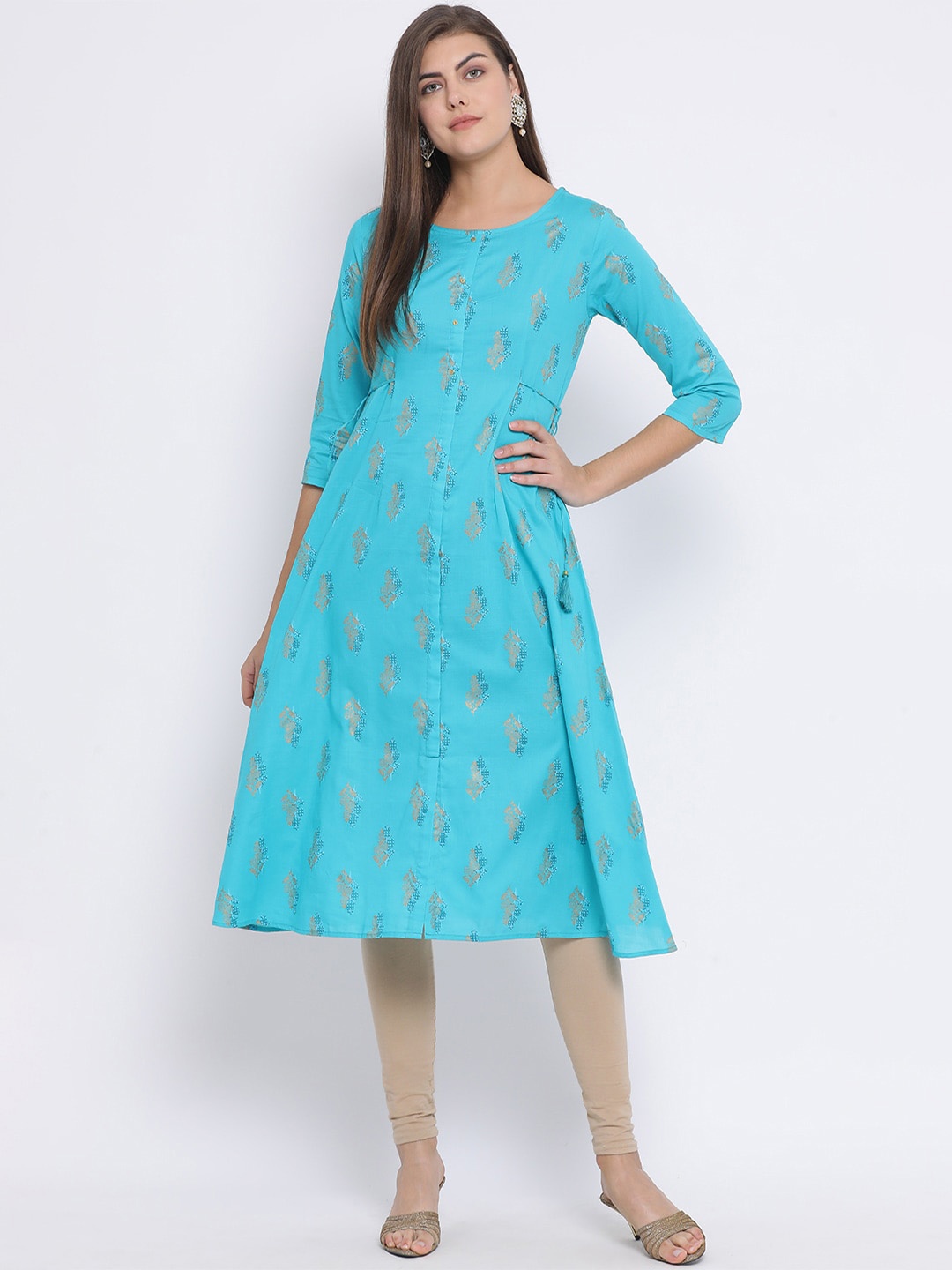 

Span Ethnic Motifs Printed A-Line Cotton Kurta, Turquoise blue