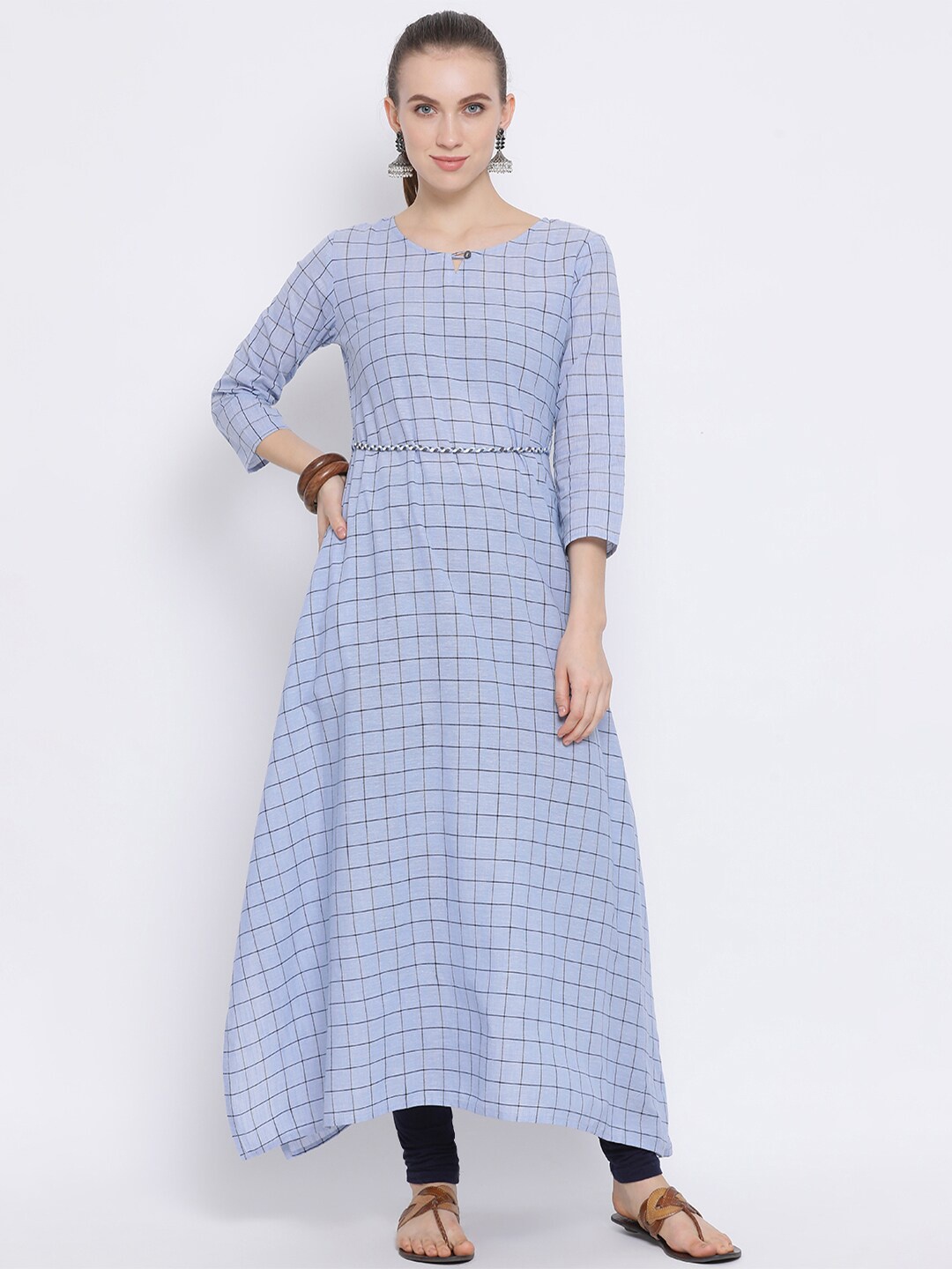 

Span Checked Printed Keyhole Neck A-Line Kurta, Blue