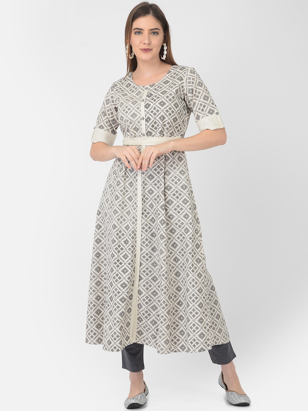 

Span Geometric Printed A-Line Cotton Kurta, Off white