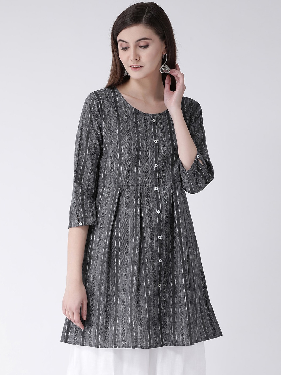 

Span Striped Printed A-Line Cotton Kurta, Grey