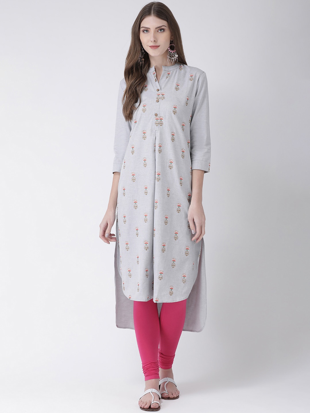 

Span Ethnic Motifs Printed Mandarin Collar Cotton Kurta, Grey