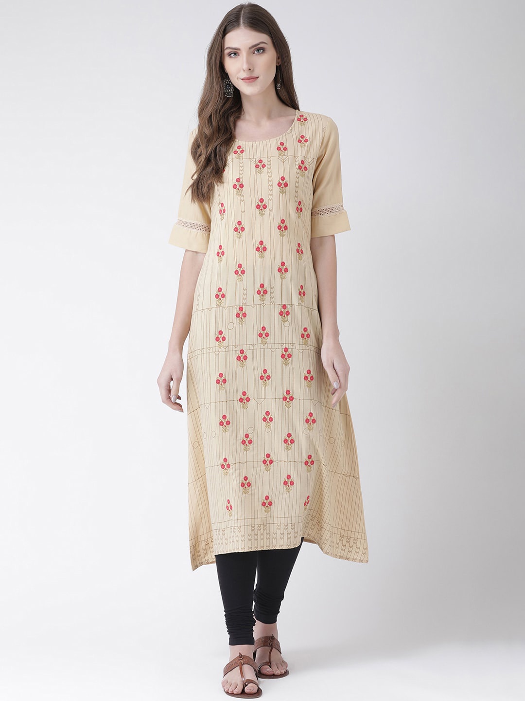 

Span Floral Embroidered Thread Work Straight Cotton Kurta, Beige