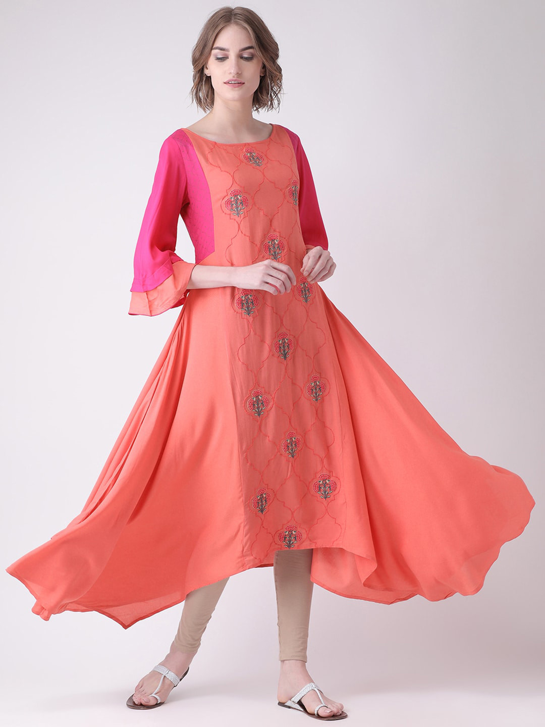 

Span Floral Embroidered Thread Work Anarkali Cotton Kurta, Peach