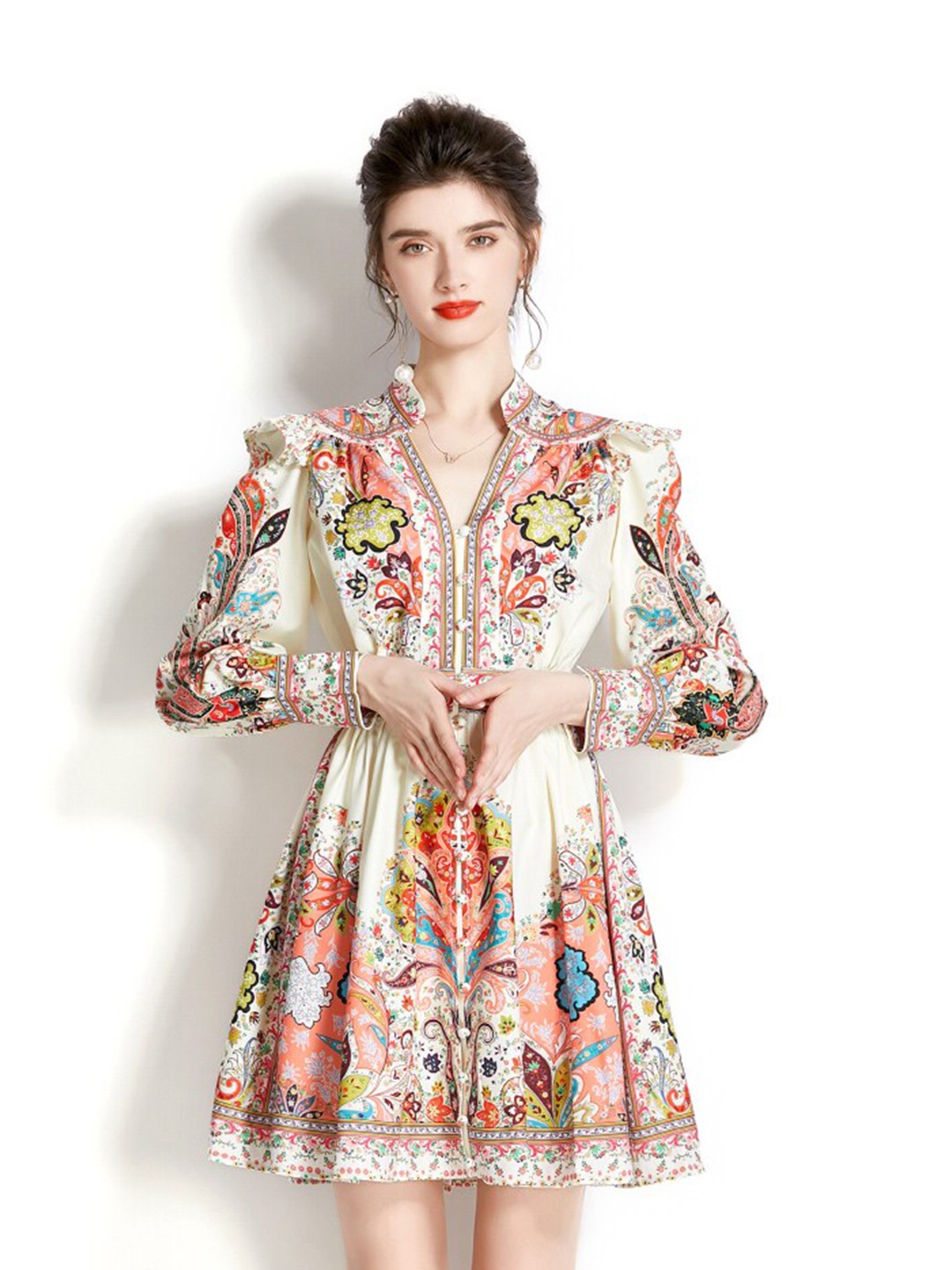 

JC Collection Mandarin Collar Floral Printed Dress, Beige