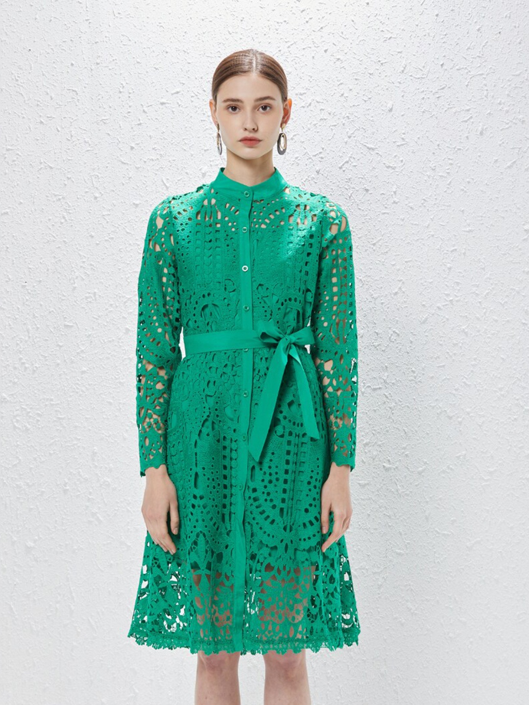 

JC Collection Mandarin Collar Self Design Dress, Green