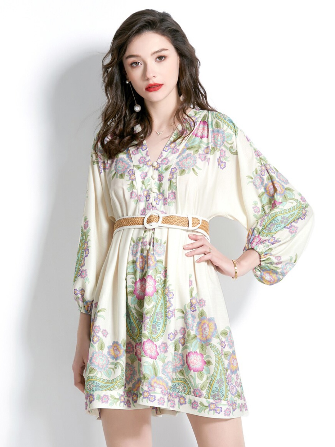 

JC Collection V-Neck Printed Dress, Beige