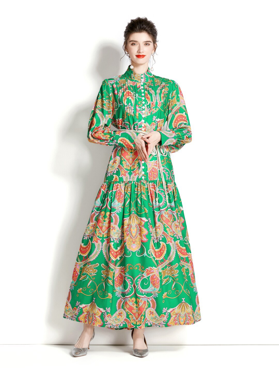 

JC Collection Floral Printed Mandarin Collar Cuffed Sleeves Dress, Green