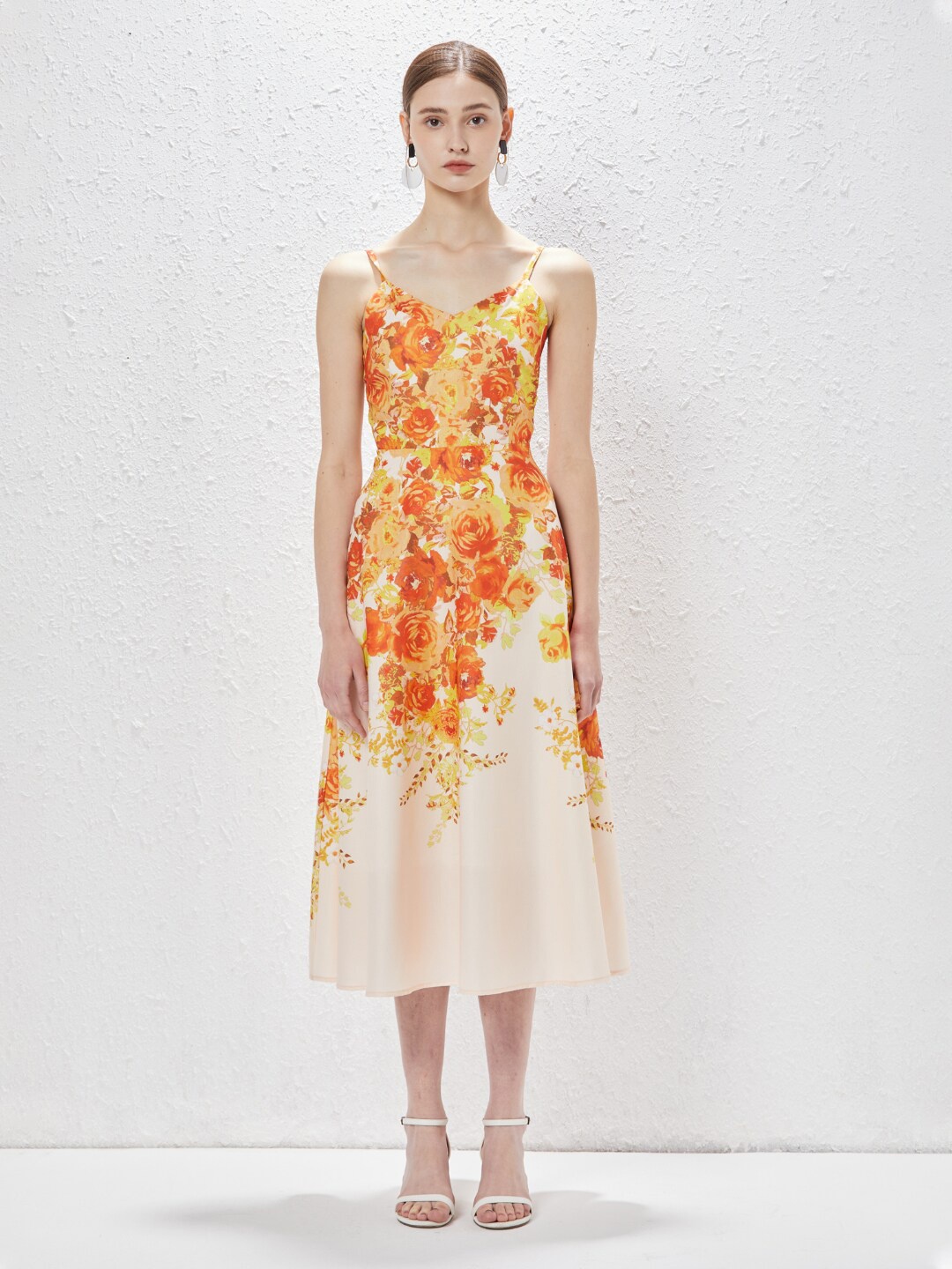 

JC Collection Floral Printed Shoulder Straps Fit and Flare Dress, Cream